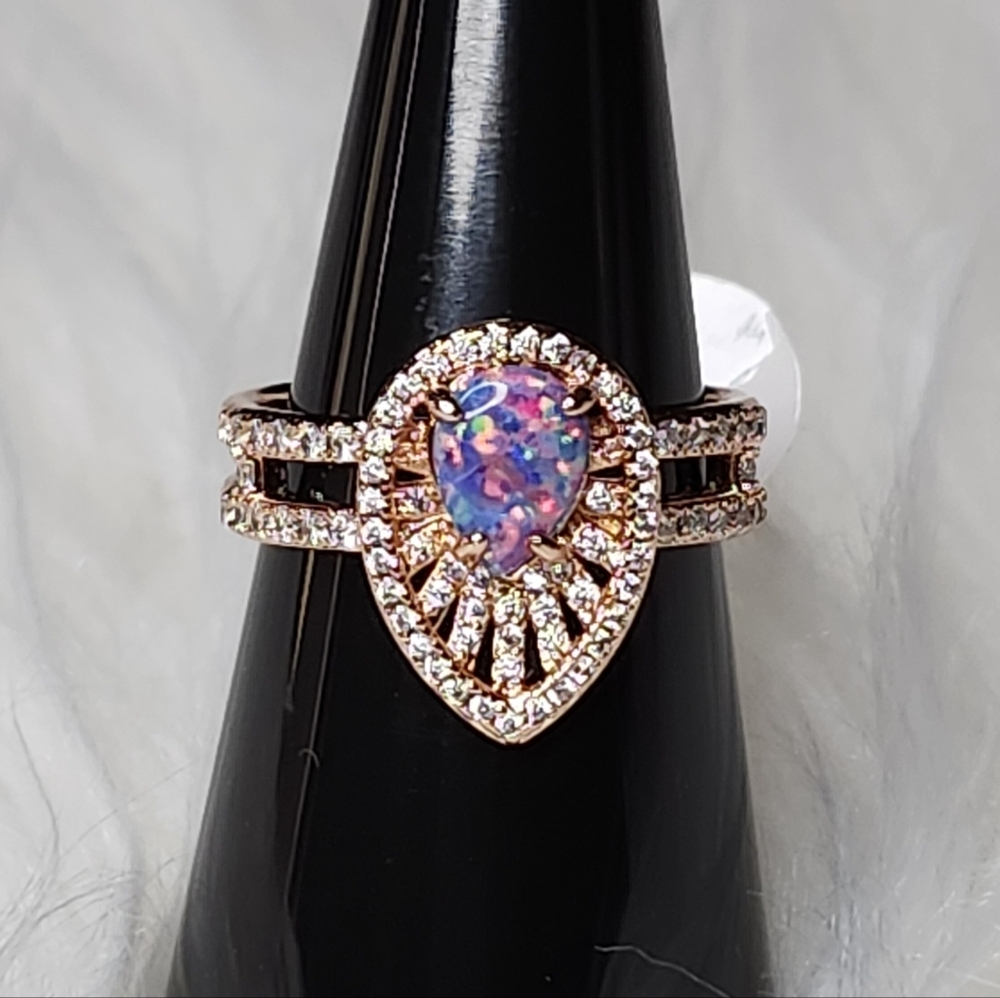 Opal Ring Lilac Purple and Cubic Zirconia on Rose Gold Plated band Size 8
